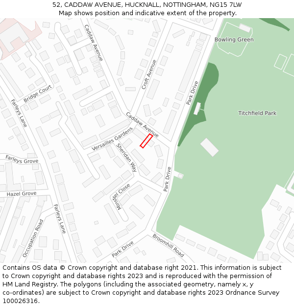 52, CADDAW AVENUE, HUCKNALL, NOTTINGHAM, NG15 7LW: Location map and indicative extent of plot