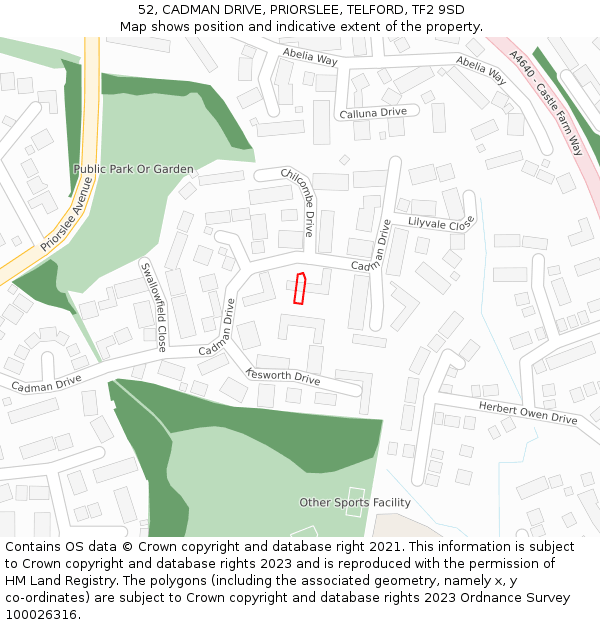 52, CADMAN DRIVE, PRIORSLEE, TELFORD, TF2 9SD: Location map and indicative extent of plot