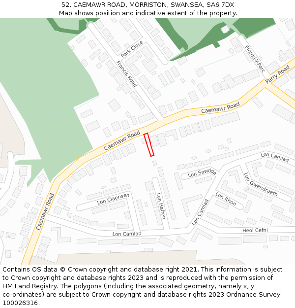 52, CAEMAWR ROAD, MORRISTON, SWANSEA, SA6 7DX: Location map and indicative extent of plot