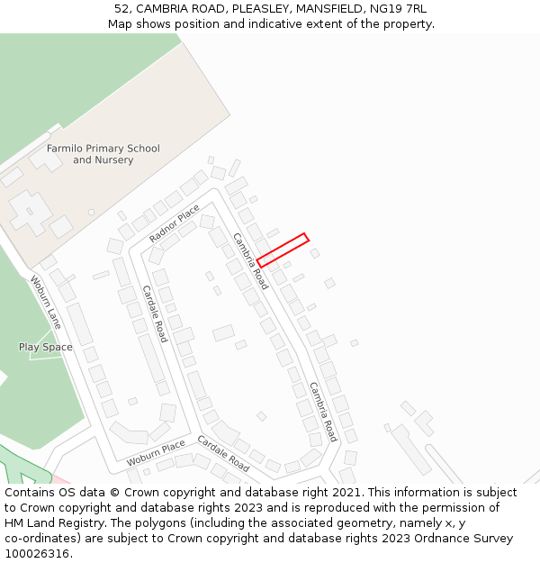 52, CAMBRIA ROAD, PLEASLEY, MANSFIELD, NG19 7RL: Location map and indicative extent of plot