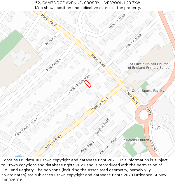 52, CAMBRIDGE AVENUE, CROSBY, LIVERPOOL, L23 7XW: Location map and indicative extent of plot