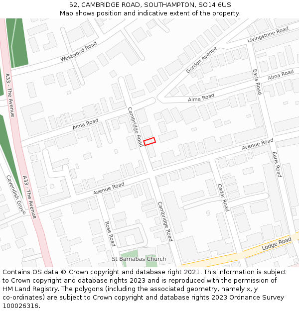 52, CAMBRIDGE ROAD, SOUTHAMPTON, SO14 6US: Location map and indicative extent of plot
