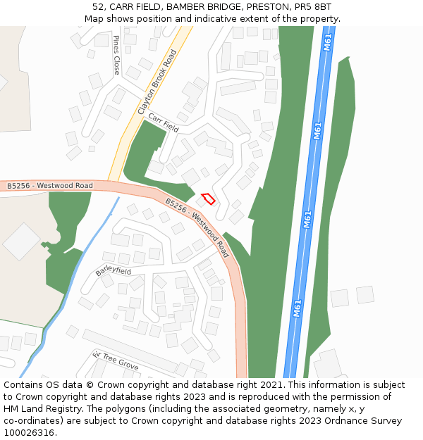 52, CARR FIELD, BAMBER BRIDGE, PRESTON, PR5 8BT: Location map and indicative extent of plot