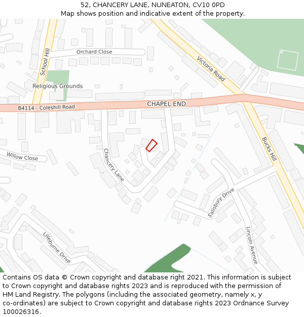52, CHANCERY LANE, NUNEATON, CV10 0PD: Location map and indicative extent of plot