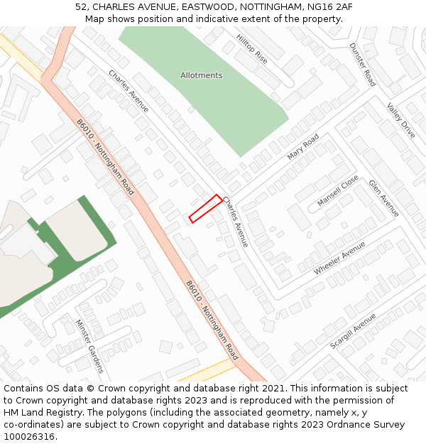 52, CHARLES AVENUE, EASTWOOD, NOTTINGHAM, NG16 2AF: Location map and indicative extent of plot
