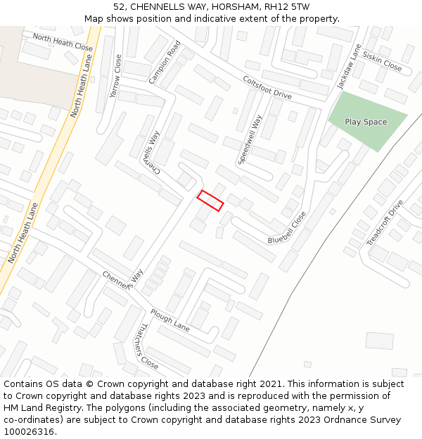 52, CHENNELLS WAY, HORSHAM, RH12 5TW: Location map and indicative extent of plot