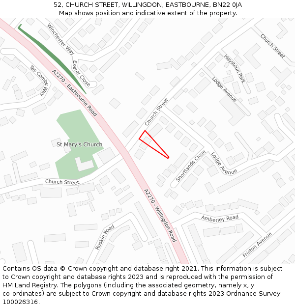 52, CHURCH STREET, WILLINGDON, EASTBOURNE, BN22 0JA: Location map and indicative extent of plot