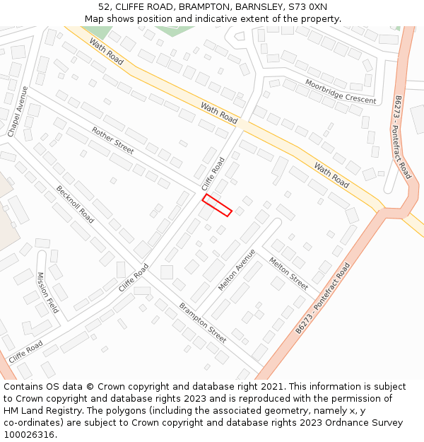 52, CLIFFE ROAD, BRAMPTON, BARNSLEY, S73 0XN: Location map and indicative extent of plot
