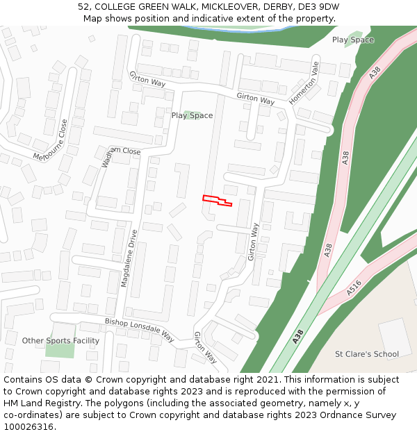 52, COLLEGE GREEN WALK, MICKLEOVER, DERBY, DE3 9DW: Location map and indicative extent of plot