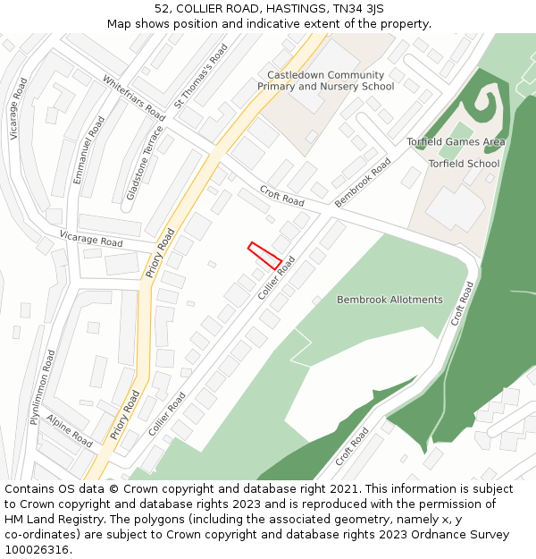 52, COLLIER ROAD, HASTINGS, TN34 3JS: Location map and indicative extent of plot