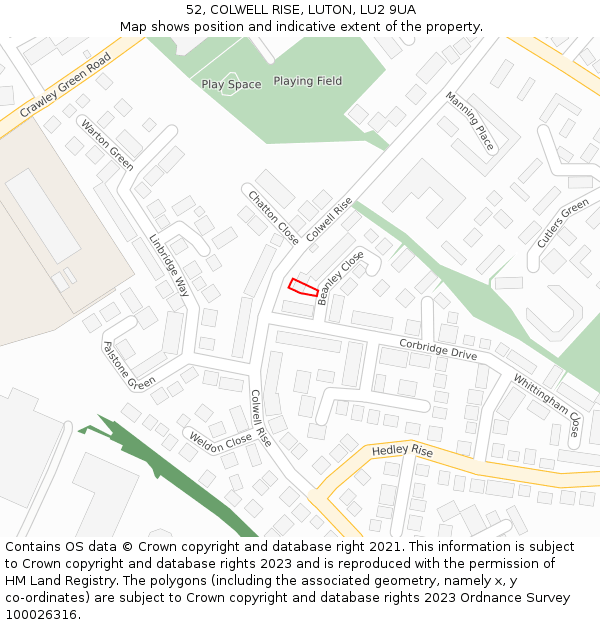 52, COLWELL RISE, LUTON, LU2 9UA: Location map and indicative extent of plot