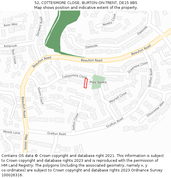 52, COTTESMORE CLOSE, BURTON-ON-TRENT, DE15 9BS: Location map and indicative extent of plot