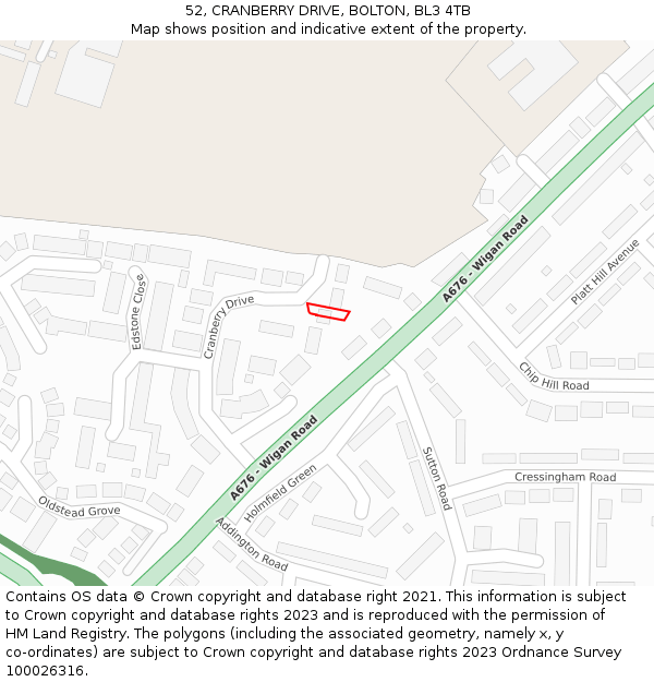 52, CRANBERRY DRIVE, BOLTON, BL3 4TB: Location map and indicative extent of plot