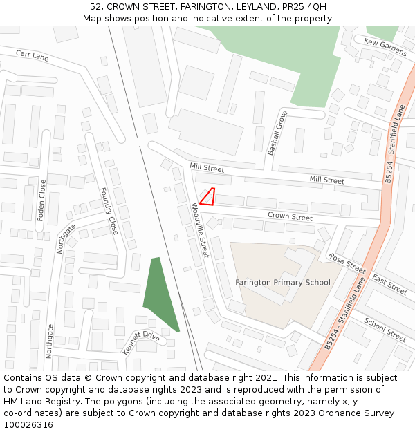 52, CROWN STREET, FARINGTON, LEYLAND, PR25 4QH: Location map and indicative extent of plot