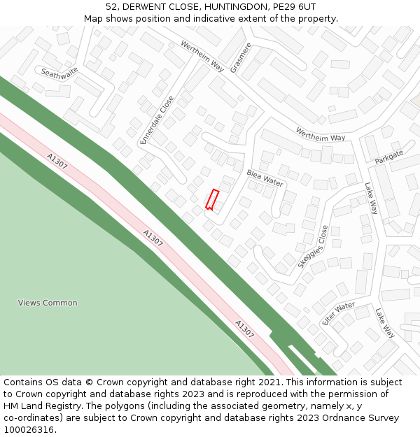 52, DERWENT CLOSE, HUNTINGDON, PE29 6UT: Location map and indicative extent of plot