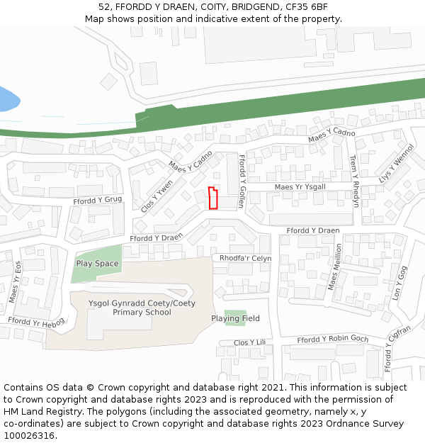 52, FFORDD Y DRAEN, COITY, BRIDGEND, CF35 6BF: Location map and indicative extent of plot