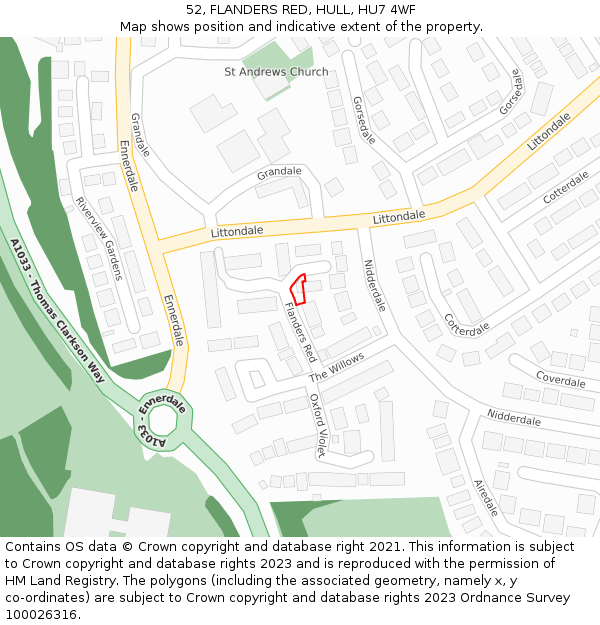 52, FLANDERS RED, HULL, HU7 4WF: Location map and indicative extent of plot