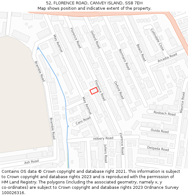 52, FLORENCE ROAD, CANVEY ISLAND, SS8 7EH: Location map and indicative extent of plot