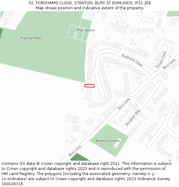52, FORDHAMS CLOSE, STANTON, BURY ST EDMUNDS, IP31 2EE: Location map and indicative extent of plot