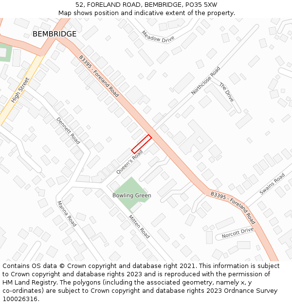 52, FORELAND ROAD, BEMBRIDGE, PO35 5XW: Location map and indicative extent of plot