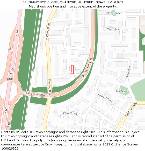 52, FRANCISCO CLOSE, CHAFFORD HUNDRED, GRAYS, RM16 6YD: Location map and indicative extent of plot