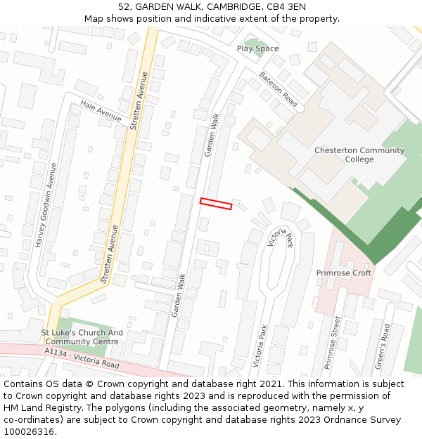 52, GARDEN WALK, CAMBRIDGE, CB4 3EN: Location map and indicative extent of plot