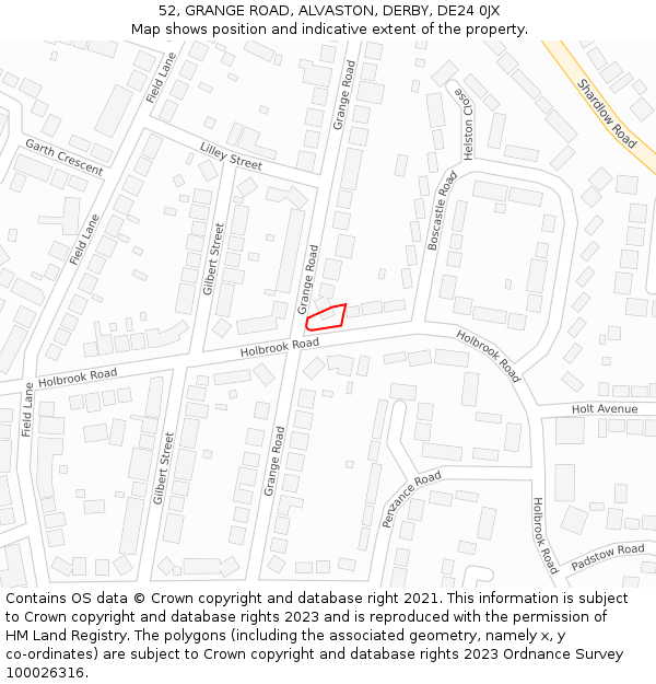52, GRANGE ROAD, ALVASTON, DERBY, DE24 0JX: Location map and indicative extent of plot