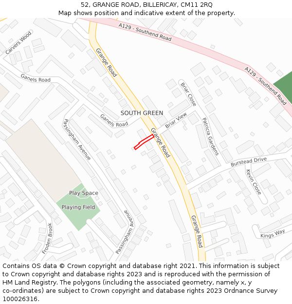 52, GRANGE ROAD, BILLERICAY, CM11 2RQ: Location map and indicative extent of plot