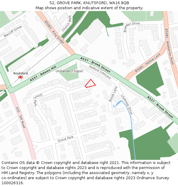 52, GROVE PARK, KNUTSFORD, WA16 8QB: Location map and indicative extent of plot