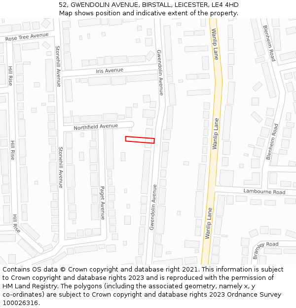 52, GWENDOLIN AVENUE, BIRSTALL, LEICESTER, LE4 4HD: Location map and indicative extent of plot
