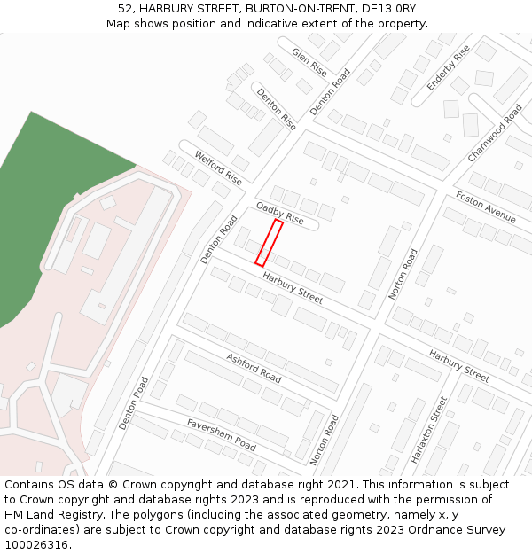 52, HARBURY STREET, BURTON-ON-TRENT, DE13 0RY: Location map and indicative extent of plot