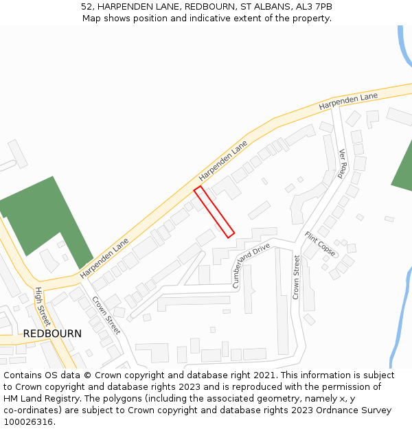 52, HARPENDEN LANE, REDBOURN, ST ALBANS, AL3 7PB: Location map and indicative extent of plot