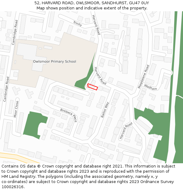 52, HARVARD ROAD, OWLSMOOR, SANDHURST, GU47 0UY: Location map and indicative extent of plot