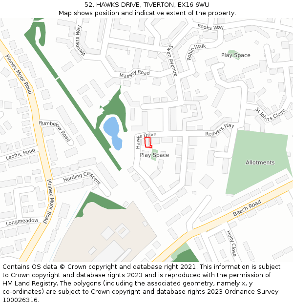 52, HAWKS DRIVE, TIVERTON, EX16 6WU: Location map and indicative extent of plot
