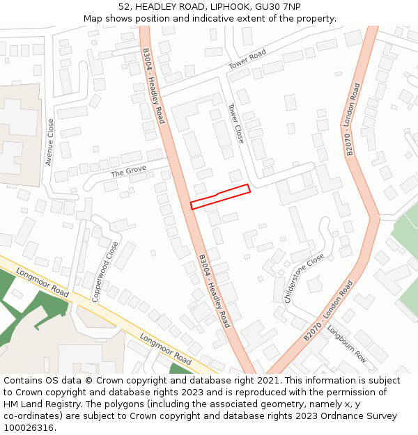 52, HEADLEY ROAD, LIPHOOK, GU30 7NP: Location map and indicative extent of plot