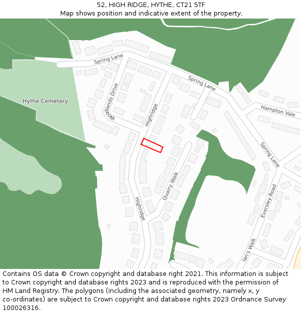 52, HIGH RIDGE, HYTHE, CT21 5TF: Location map and indicative extent of plot
