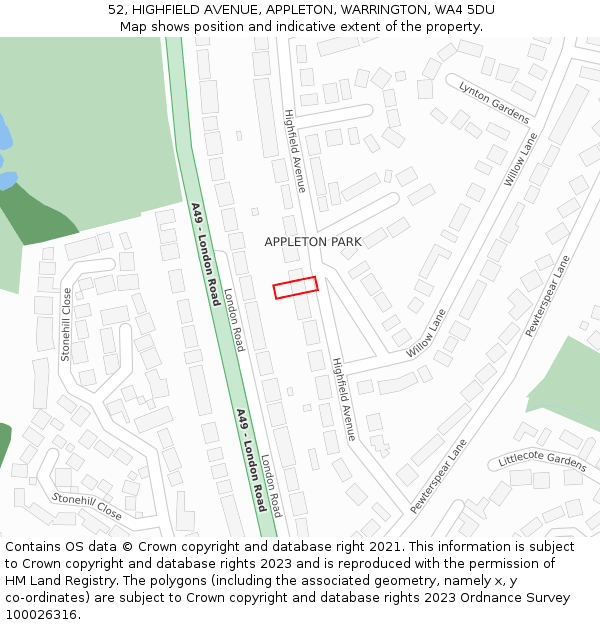 52, HIGHFIELD AVENUE, APPLETON, WARRINGTON, WA4 5DU: Location map and indicative extent of plot