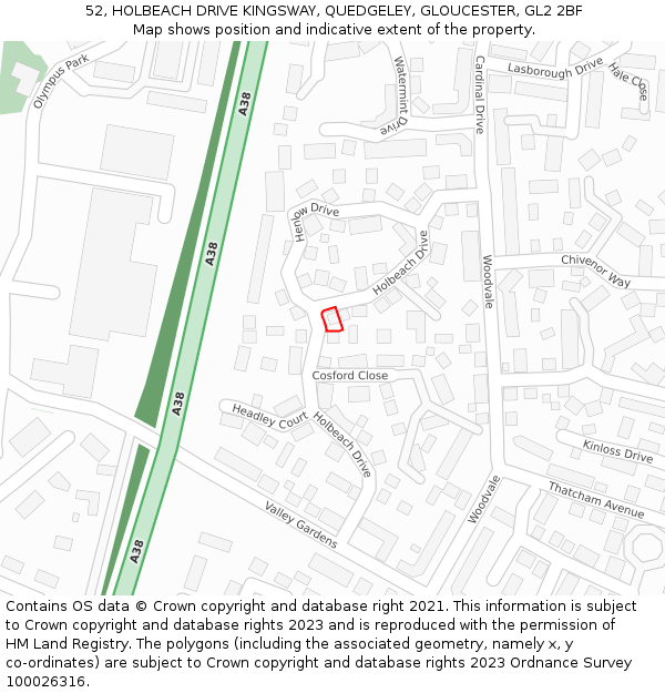 52, HOLBEACH DRIVE KINGSWAY, QUEDGELEY, GLOUCESTER, GL2 2BF: Location map and indicative extent of plot