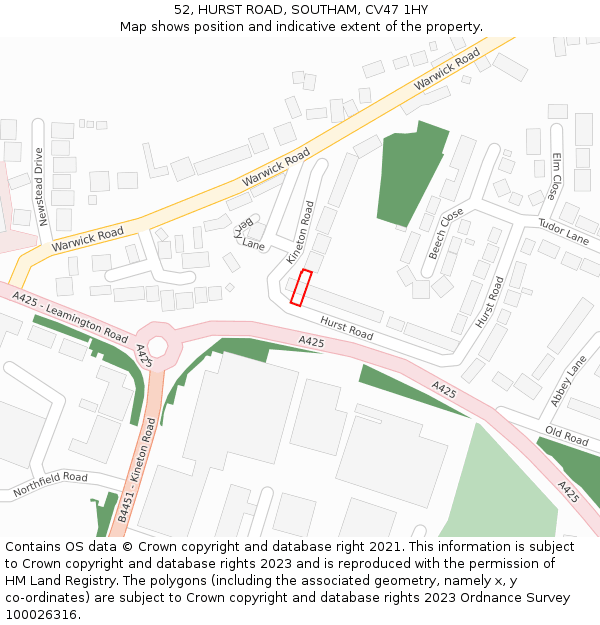 52, HURST ROAD, SOUTHAM, CV47 1HY: Location map and indicative extent of plot