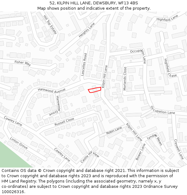 52, KILPIN HILL LANE, DEWSBURY, WF13 4BS: Location map and indicative extent of plot