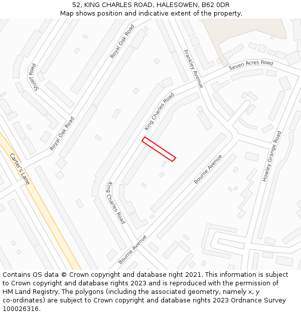 52, KING CHARLES ROAD, HALESOWEN, B62 0DR: Location map and indicative extent of plot