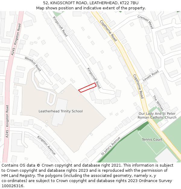 52, KINGSCROFT ROAD, LEATHERHEAD, KT22 7BU: Location map and indicative extent of plot