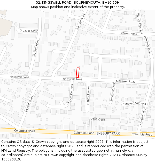 52, KINGSWELL ROAD, BOURNEMOUTH, BH10 5DH: Location map and indicative extent of plot