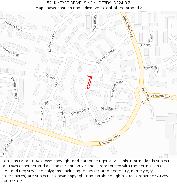 52, KINTYRE DRIVE, SINFIN, DERBY, DE24 3JZ: Location map and indicative extent of plot