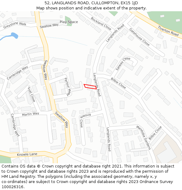 52, LANGLANDS ROAD, CULLOMPTON, EX15 1JD: Location map and indicative extent of plot