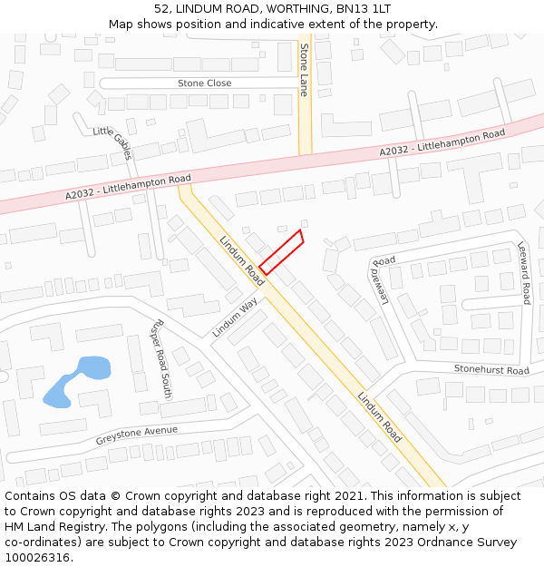 52, LINDUM ROAD, WORTHING, BN13 1LT: Location map and indicative extent of plot