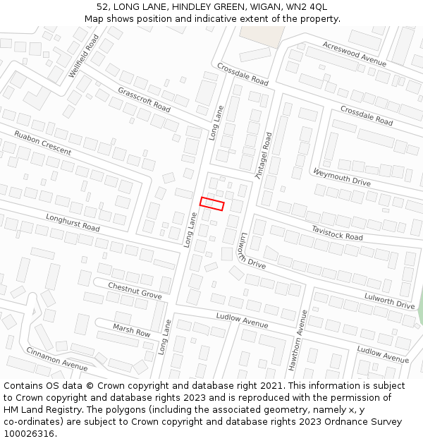 52, LONG LANE, HINDLEY GREEN, WIGAN, WN2 4QL: Location map and indicative extent of plot