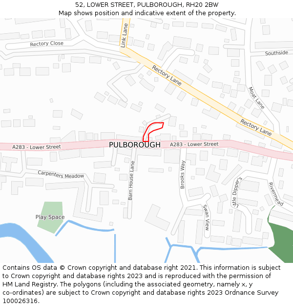 52, LOWER STREET, PULBOROUGH, RH20 2BW: Location map and indicative extent of plot
