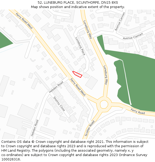 52, LUNEBURG PLACE, SCUNTHORPE, DN15 8XS: Location map and indicative extent of plot