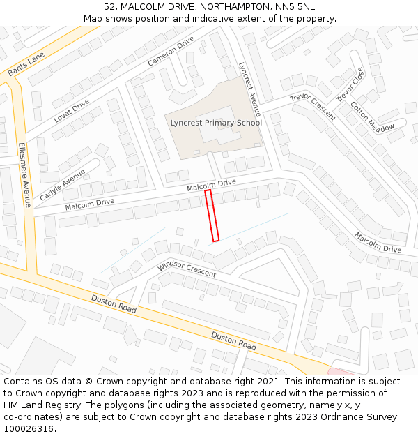 52, MALCOLM DRIVE, NORTHAMPTON, NN5 5NL: Location map and indicative extent of plot